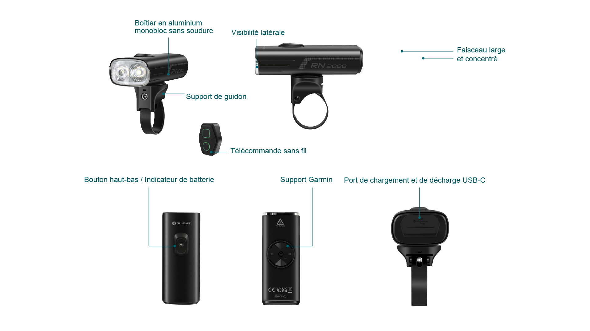 Détails techniques de l'éclairage vélo Olight RN 2000 : boîtier alu et port USB-C.