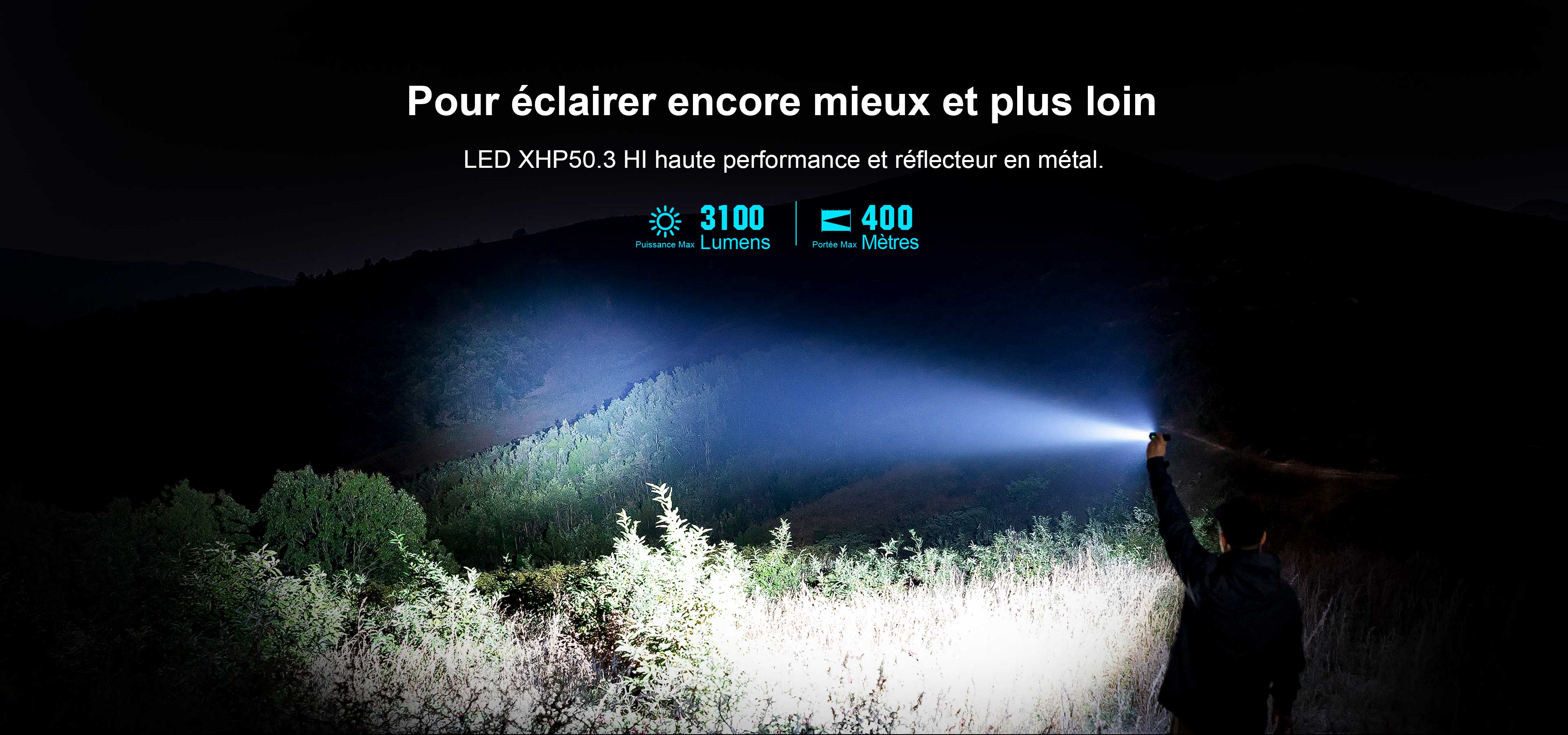 Lampe torche LED puissante de 3100 lumens &eacute;clairant une for&ecirc;t la nuit &agrave; 400 m&egrave;tres de port&eacute;e.