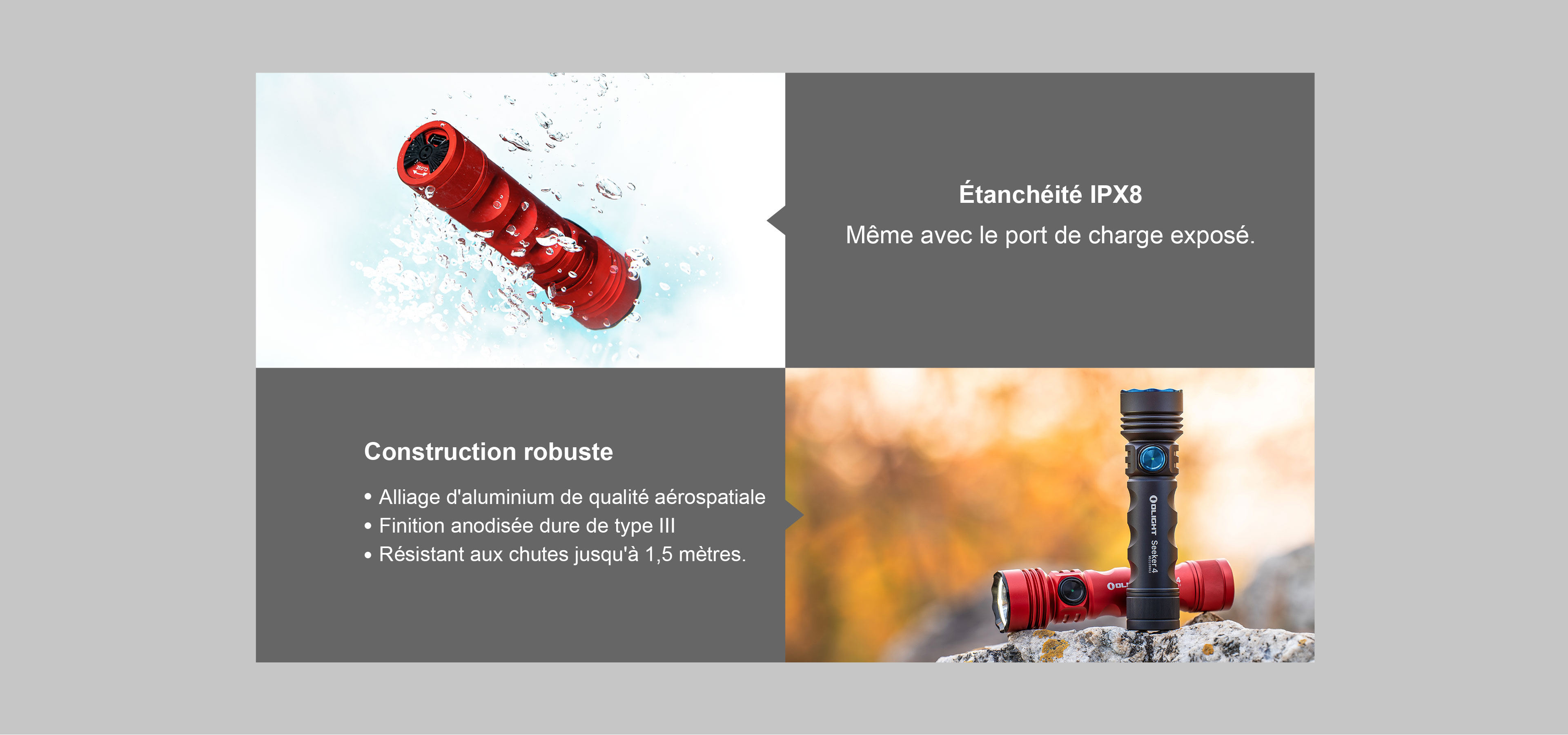 Lampe torche Olight Seeker 4 &eacute;tanche IPX8 sous l'eau et robuste en aluminium anodis&eacute;