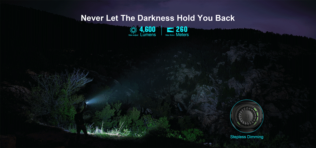 A powerful flashlight illuminates a dark mountain scene with 4600 lumens and 260m throw, featuring stepless dimming for outdoor adventures.