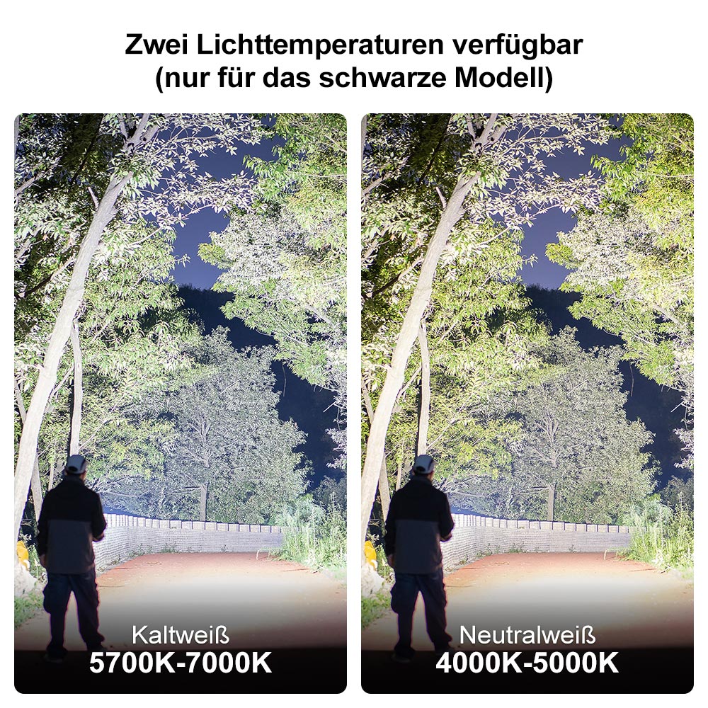 Vergleich der Lichttemperaturen einer LED Taschenlampe: Kaltwei&szlig; (5700K-7000K) vs. Neutralwei&szlig; (4000K-5000K).
