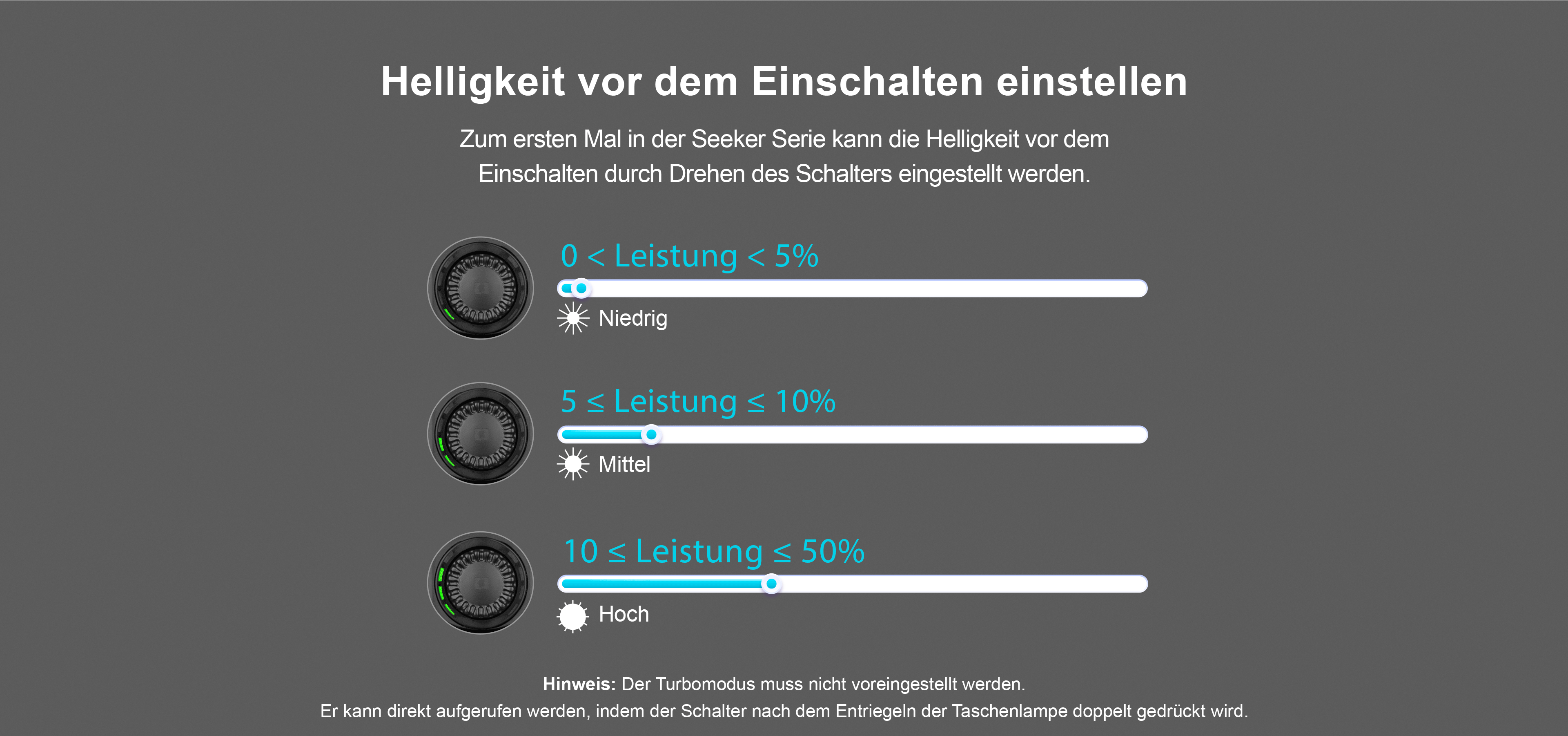 Seeker Serie Taschenlampe: Helligkeit vor dem Einschalten durch Drehen des Schalters einstellen.