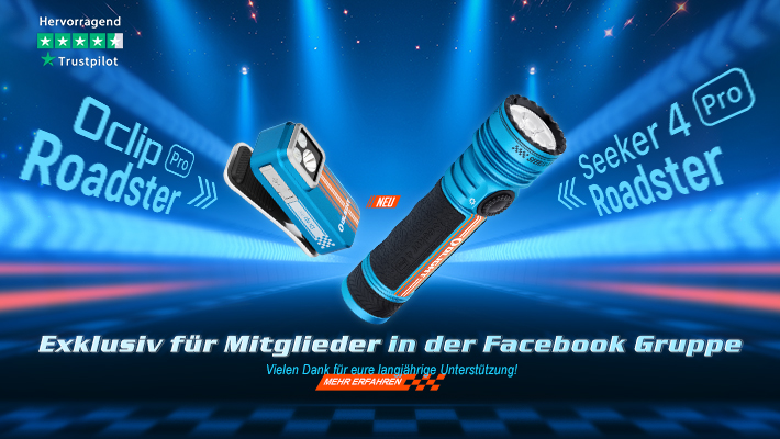 Olight Seeker 4 Pro Roadster Taschenlampe und Oclip Pro Roadster Stirnlampe.