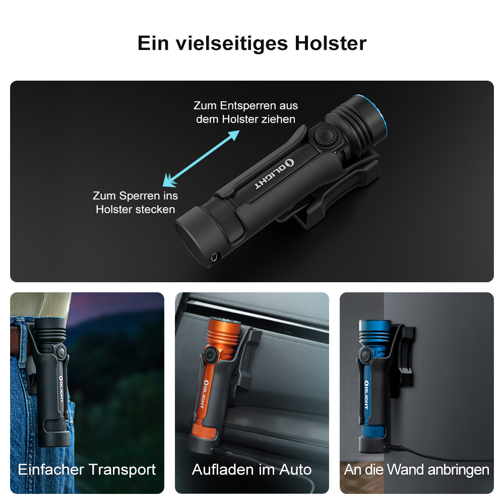 Olight vielseitiges Holster f&uuml;r Taschenlampen mit automatischer Sperrfunktion, ideal f&uuml;r den Transport am G&uuml;rtel, zum Aufladen im Auto oder zur Wandmontage.