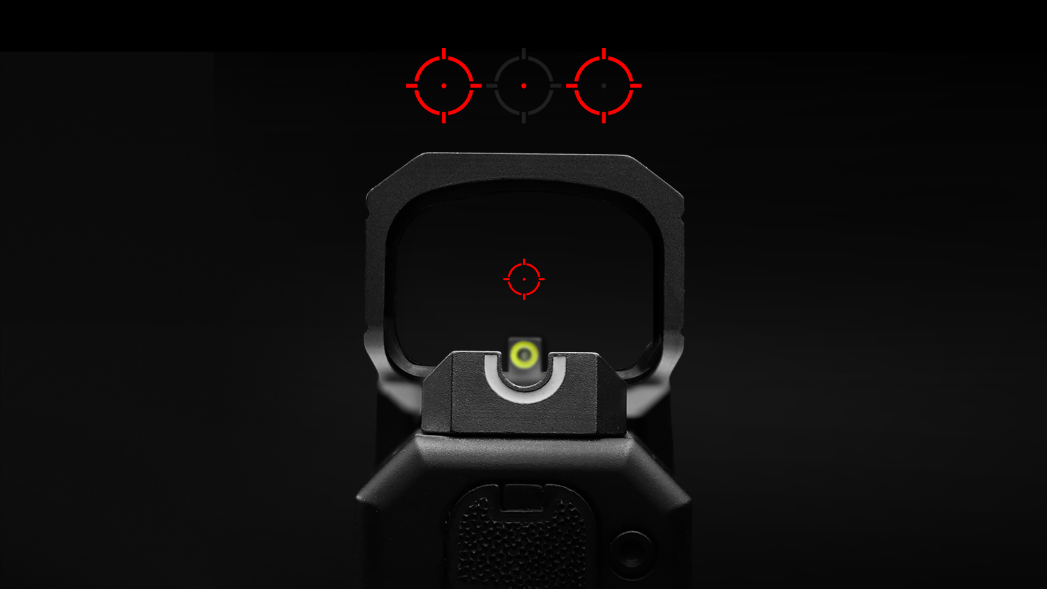 Red dot sight co-witnessed with pistol iron sights, showing reticle options including circle dot and crosshair on a background.