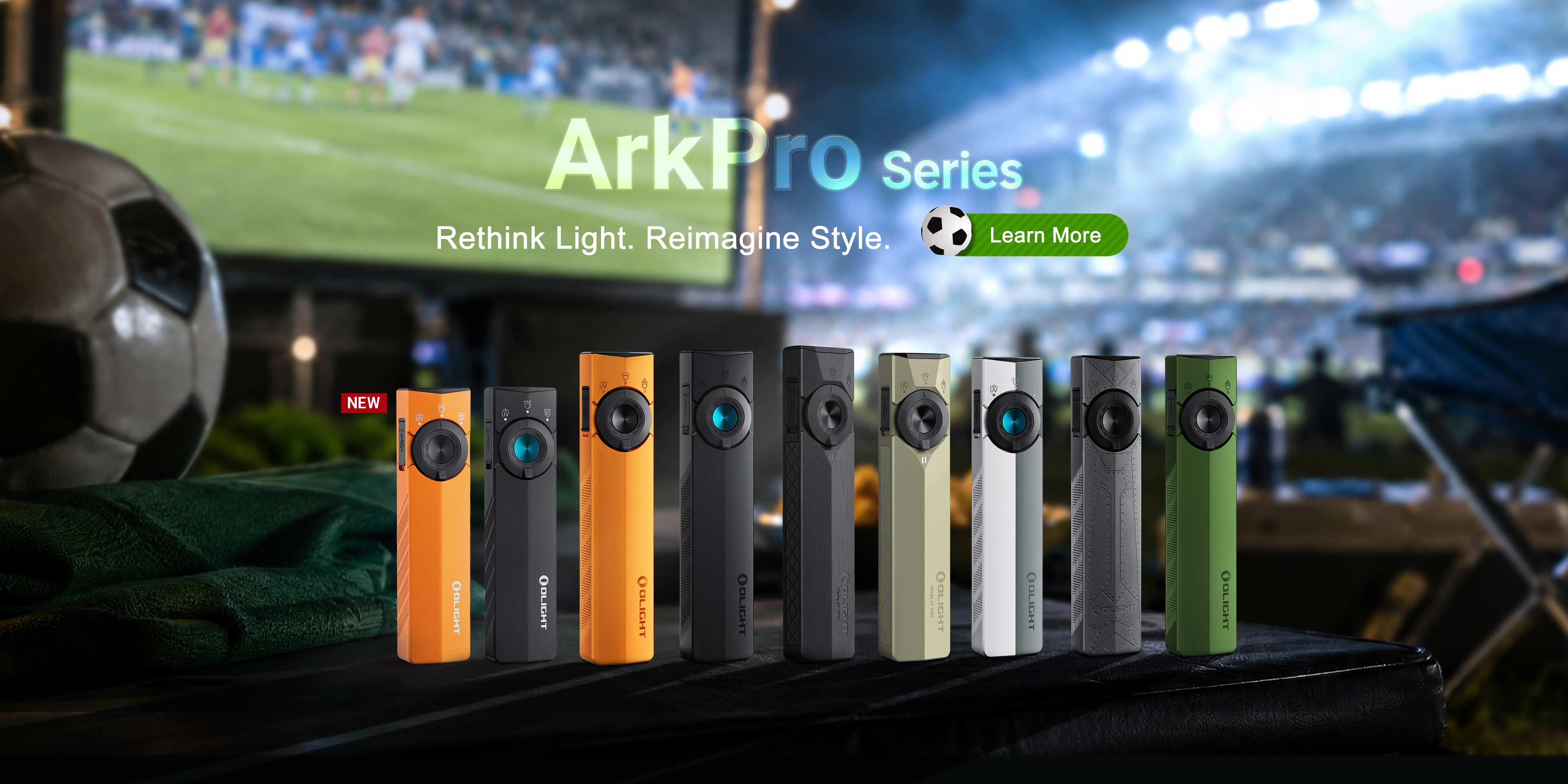 Olight ArkPro flat EDC flashlights in multiple vibrant colors highlighting their sleek and slim anti-roll profile on a campervan worktop.