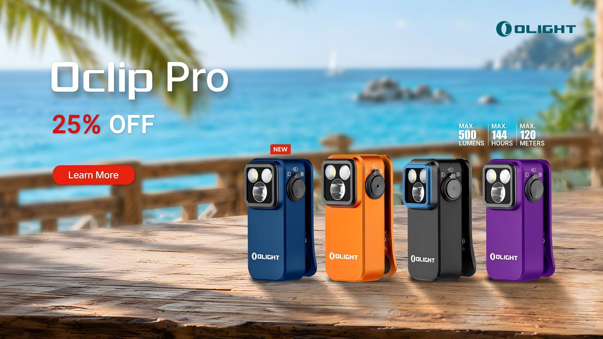 Olight Oclip Pro clip-on EDC flashlights in blue, orange, black, and purple on a wooden table with a tropical beach background. Features 500 lumens, 144 hours runtime, and 120 meters throw.