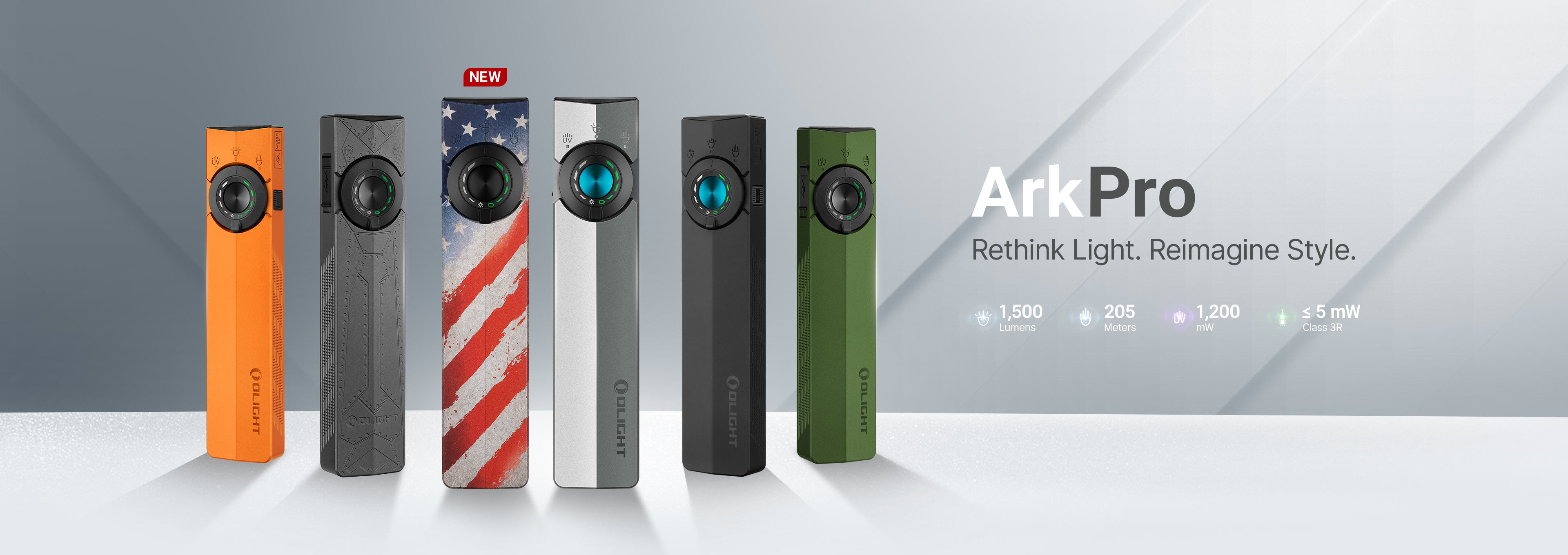 Olight ArkPro flat flashlight series in orange, silver graphite, phantom squadron, matte black, and green. Featuring 1500 lumens, green laser, and UV light, showcasing modern EDC flashlight design.