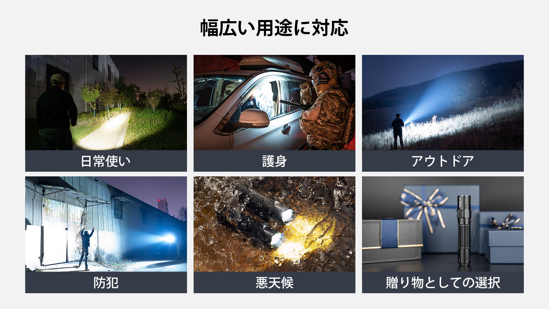 日常使い、護身、アウトドア、防犯、悪天候、贈り物など、幅広い用途に対応する多機能懐中電灯。 幅広い用途に対応する多機能懐中電灯