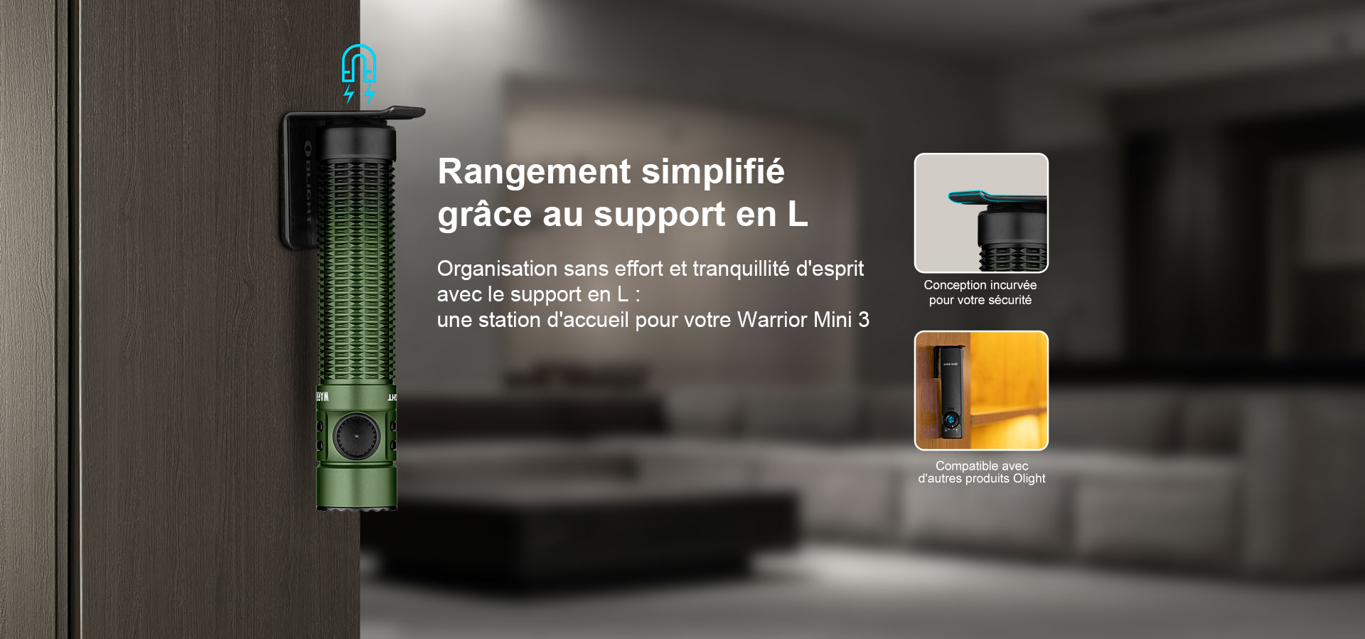 Lampe tactique Olight fix&eacute;e sur support magn&eacute;tique mural