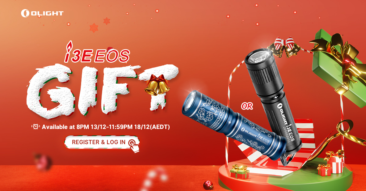 Olight i3E EOS flashlight Christmas gift promotion banner. Features three colorful flashlights, festive gift boxes, and bells on a red, snowy background with event dates.