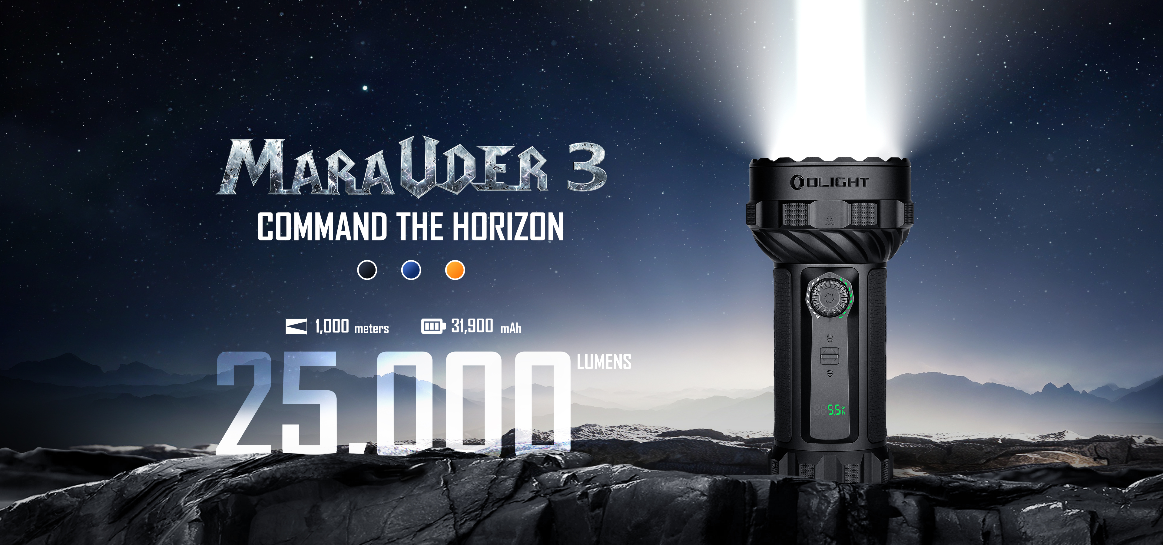 Olight Marauder 3 high-power searchlight casting a bright beam under a starry night sky. Features 25,000 lumens, 1,000-meter range, and 31,900 mAh battery capacity.